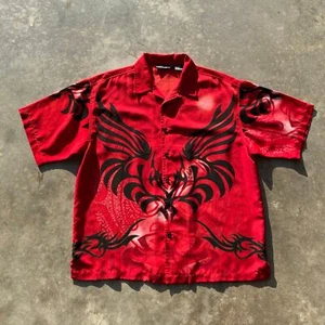 Y2K Camicia Uomo Senza Confini Rosso AOP Stampa Tribale Vintage Manica Corta Tg L - Foto 1 di 6