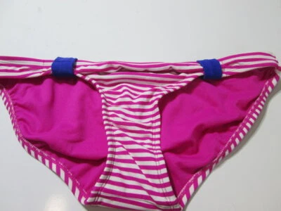 Xhilaration Womens Size L Bikini Bottom Fuchsia/White Hipster Striped Swimwear - Image 1 of 4