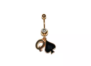 Naval Belly Button Bar Piercing - Queen Of Spades BBC Hotwife Cuckold Gold St 1 - Picture 1 of 2