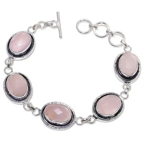 Rose Quartz Gemstone Handmade 925 Sterling Silver Jewelry Bracelet Size7-8" - Picture 1 of 1