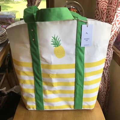 Bolsa de praia Tommy Bahama listrada abacaxi algodão revestido lona reutilizável nova com etiquetas - Imagem 1 de 4