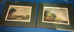 Two Yellow Houses By Bridges Mixed Media Art Paintings Green Matted In Plastic - Picture 1 of 6