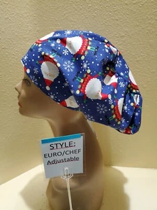 Sparkle Santa (blue) Women's  Euro/Chef Surgical Scrub Hat/Cap Handmade - Picture 1 of 5