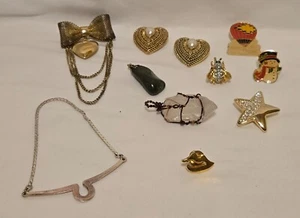 VTG Lot of 11 Misc. Pins, Broaches, Pendants, Silver Tie Chain, & Uncut Crystal - Picture 1 of 9