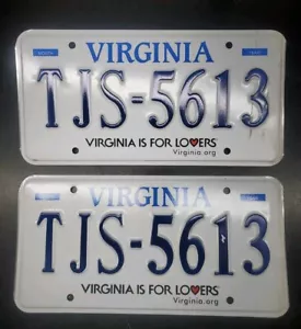 Virginia License Plate Set TJS-5613 Matching Pair Tags Plates VA Is For Lovers - Picture 1 of 6