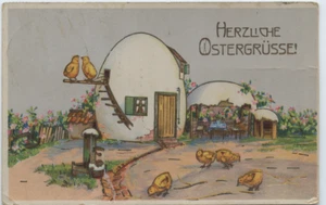 AK "Herzliche Ostergrüsse" Eier-Haus Küken, gelaufen 1938 - Bild 1 von 1
