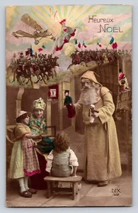 Cartolina RPPC colorata Natale Babbo Natale heureux noel giocattoli bambini vimini zaino - Foto 1 di 2