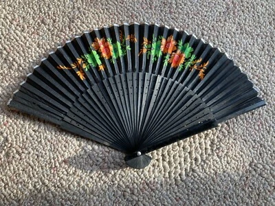 Vintage Floral Wooden Hand Fans Fold Up 1940-1950 Germany RARE - Image 1 of 4