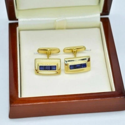 Gemelos para hombre 2 quilates Princess creado en laboratorio zafiro azul acabado oro amarillo 14K Foto 1 de 4