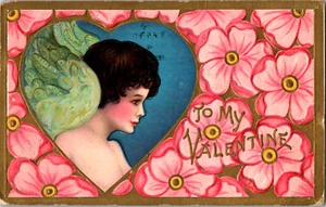 Beautiful Angel Green Feather Wings Valentine Vintage Postcard Posted 1910 Foil - Picture 1 of 4