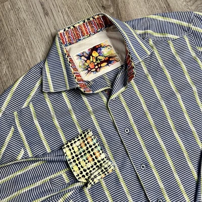 Рубашка Robert Graham с длинным рукавом на пуговицах спереди сине-зеленая в полоску мужская L с откидными манжетами - Изображение 1 из 4