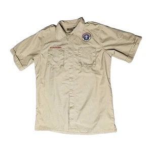 Boy Scouts of America BSA Men's Adult Shirt Medium Tan Sewn Patches Short Sleeve - Picture 1 of 8