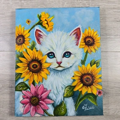 Pintura Acrílica Arte Original Firmada Gatito Blanco Girasol Caprichosa ÚNICA Pequeña Foto 1 de 4