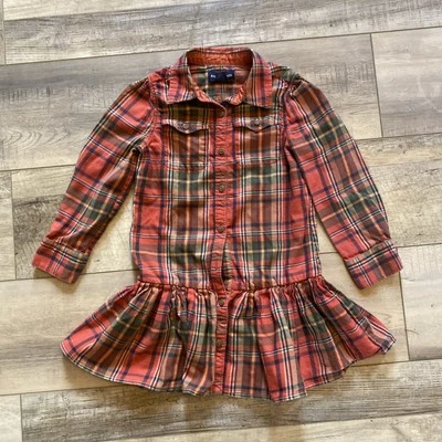 Vestido Ralph Lauren Niñas Cuadros Manga Larga Vacaciones Volantes Talla 4T Óxido y Azul Foto 1 de 4