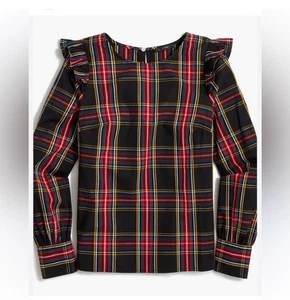 J. Crew Women’s Cotton Stewart Tartan Plaid ruffle top Small Sz 6 stretch - Picture 1 of 10
