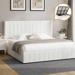 Oikiture Bed Frame King Size Gas Lift Base with Storage Boucle Fabric White - Picture 1 of 10