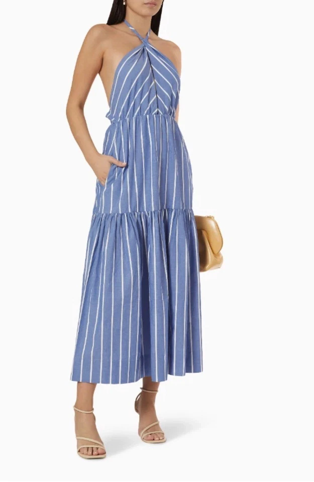 SHONA JOY Kimberley Crossover Halter Blue & White Striped Midi Dress Size 14 - image 1 of 4