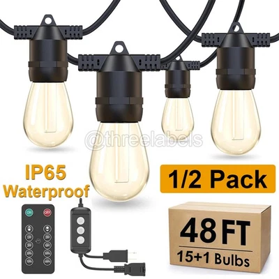 48FT Outdoor String Lights Patio Lights 15+1 LED Bulbs IP65 Waterproof w/Remote - Image 1 of 4