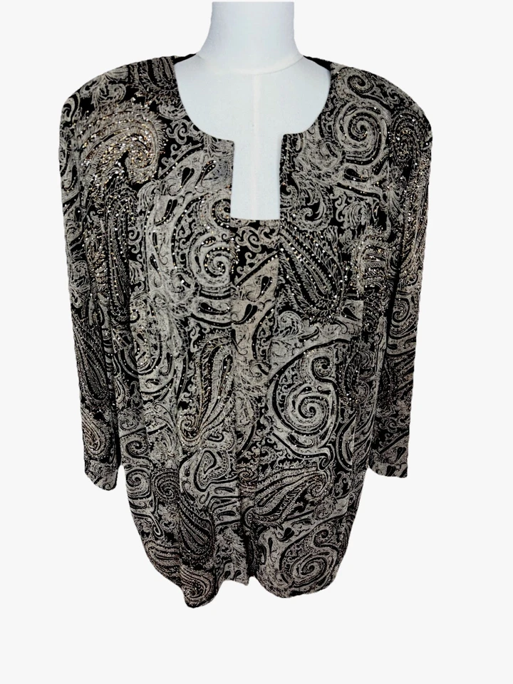 Chaqueta/cáscara Alex Evenings para mujer negra con diseño de cachemira dorada talla 2X  Foto 1 de 4