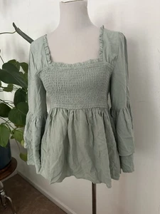 NWT Pink Lily Sage Green Blouse Size Large Bell Sleeve Smocked - Picture 1 of 6
