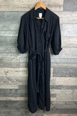 Anthropologie Maeve Maxi Shirt Dress Size Medium Black Puff Sleeve Tie Waist - Image 1 of 4