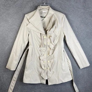 KENAR Ruffle Front Belted 12-Button Ivory Trench Coat Womens Small - Picture 1 of 7