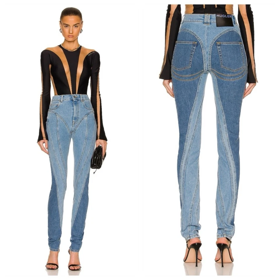 Pantalones de mezclilla ajustados en espiral Mugler (talla FR 44) tiro alto dos tonos bicolor azul medio Foto 1 de 4