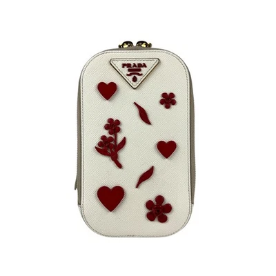 Autêntica Bolsa de Ombro Transversal PRADA Bolsa Suporte para Telefone Couro Off White/Vermelho z5057 - Imagem 1 de 4