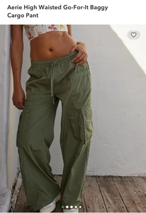 Pantalón cargo holgado Aerie cintura alta Go-For-It talla mediana verde oliva cordón - Imagen 1 de 8
