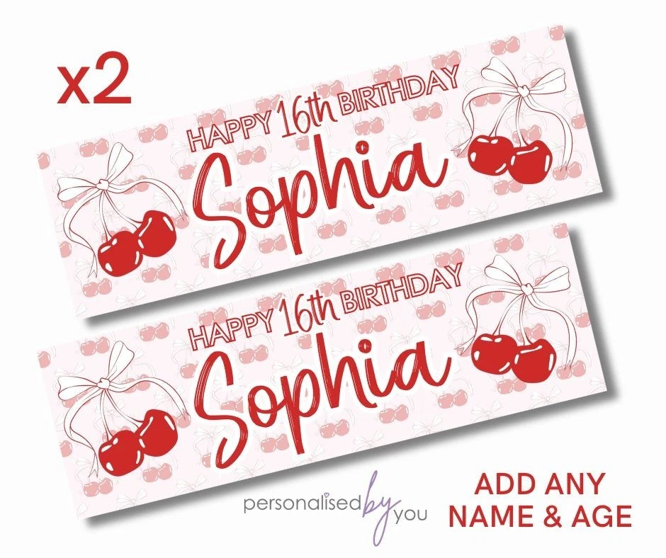 2x Personalised Birthday RED BOW BOWS & CHERRIES Theme Party Banner LARGE Poster - Image 1 of 1