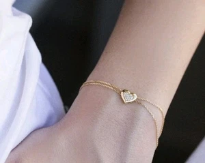 14k Solid Yellow Gold Double Strand Dainty Delicate Diamond Heart Charm Bracelet - Picture 1 of 11