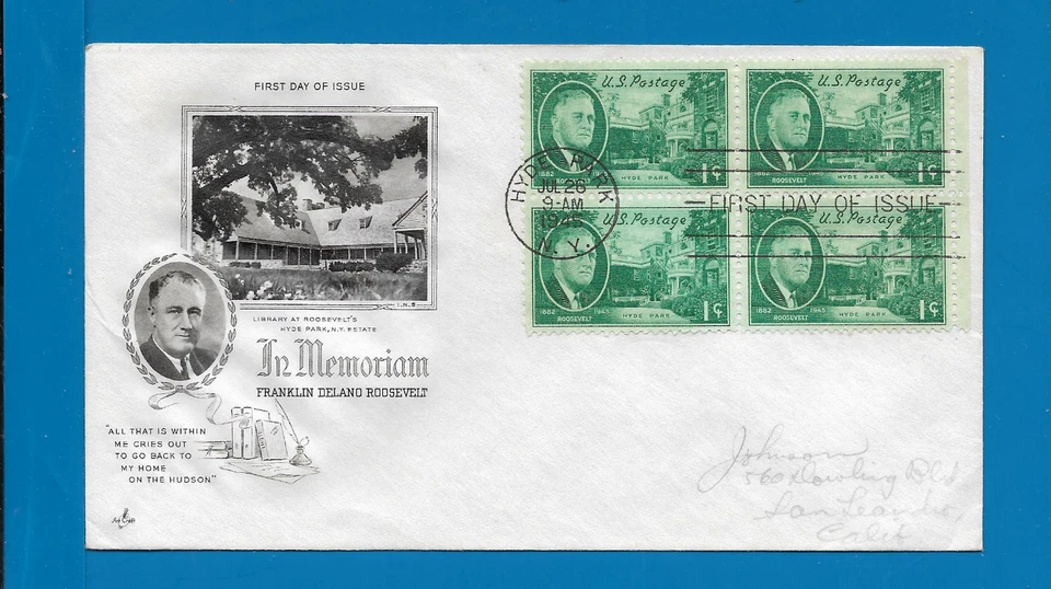 Scott 930 Franklin Roosevelt BL4 Jul 26, 1945 Artcraft FDC Lot3 - Image 1 of 1