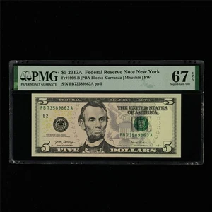 2017A Federal Reserve Note New York 5 Dollars Fr#1998-B PMG 67 EPQ UNC - Picture 1 of 4