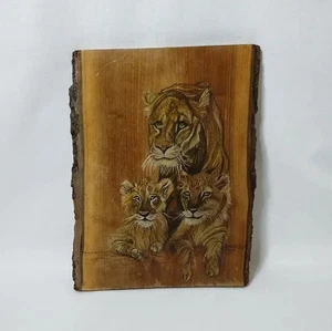 Handbemalte Löwenfamilie Live Edge Holzkunst hängende rechteckige Plakette - Bild 1 von 13