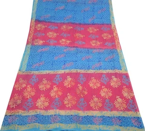 Sushila Vintage Pink Blue Scrap Saree Pure Georgette Printed Floral Sari Fabric - Picture 1 of 12