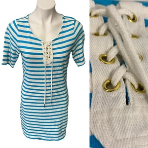 Gap Dress Womens Medium Blue Stripe Nautical Grommet Lace Up White Coastal Work - Picture 1 of 14