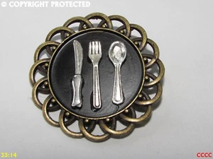 steampunk brooch badge pin silver cutlery chef cook restaurant knife fork spoon - Picture 1 of 3