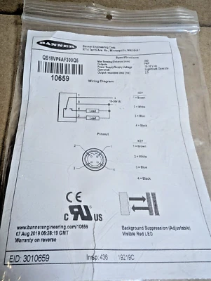Banner Engineering QS18VP6AF300Q5 / 10659 Photoelectric Sensor, 300mm, PNP (New) - Image 1 of 4