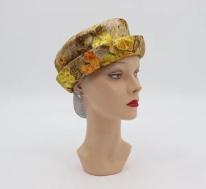 Vintage 1960s Brown, Yellow & Gold Metallic Arlington Hat with Floral Designs - Picture 1 of 9