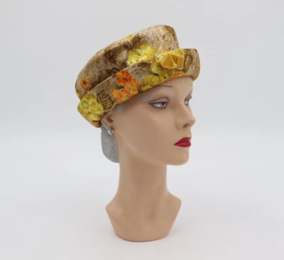 Vintage 1960s Brown, Yellow & Gold Metallic Arlington Hat with Floral Designs - Image 1 of 4