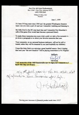 FAN LETTER RESPONSE - WASHINGTON SENATORS LHP JIM SHELLENBACH re: 1969 team BAS - Image 1 of 2