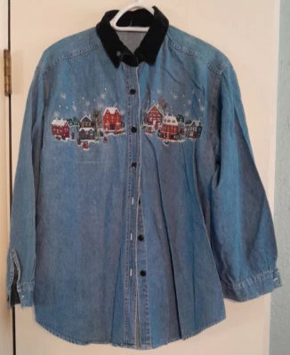 Top de mezclilla con botones bordado escena de invierno manga larga de colección con cuello de terciopelo L Foto 1 de 4