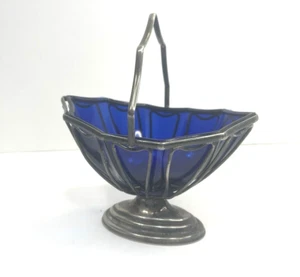 Vintage Cobalt Blue Jelly/Jam Dish w/Metal Carrier Basket Depression Glass Style - Picture 1 of 12