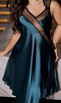 Dark Green Satin Sheer Black Panel NIGHTGOWN Slip Babydoll PLUS 4X 4XL NEW - Image 1 of 4
