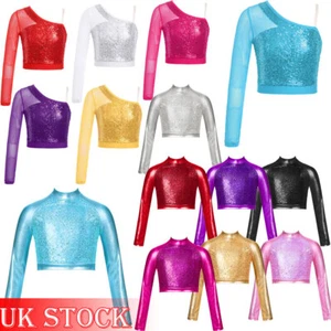 UK Girls Hip Hop Jazz Dance Top One Shoulder Long Sleeve Shiny Athletic Shirts - Picture 1 of 94