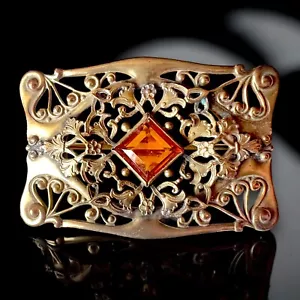Broche antiguo centro de mesa de vidrio ámbar prendedor filigrana Art Nouveau años 1900 - Imagen 1 de 9