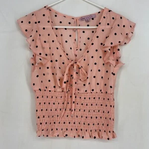 Crave Fame Juniors Medium Pullover Blouse Pink Black Polka Dots Short Sleeves - Picture 1 of 7