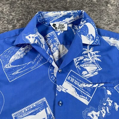 Camisa Hawaiana Hilo Hattie De Colección Para Hombres Grande L Azul Estampado Postal Años 70 Hecha en EE. UU. Foto 1 de 4