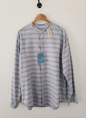 NUEVO CON ETIQUETAS Camisa Caribeña Hombres Talla XL Manga Larga Lino Algodón Azul Rayas Banda Cuello Foto 1 de 4