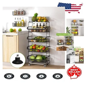 Stylish Black 5-Tier Metal Wire Basket Cart for Kitchen, Pantry, Garage Storage - Picture 1 of 11